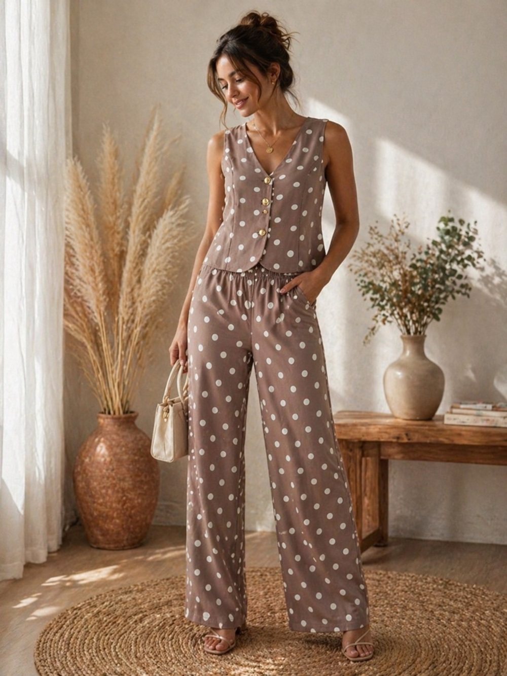 Taupe Polka Dot Wide-Leg Two Pieces set